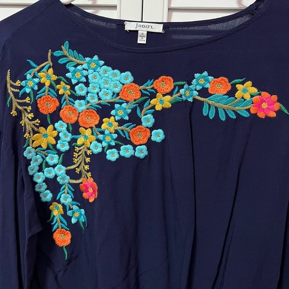 JodiFl Blouse Blue Small Embroidery Floral Rayon Chest 21” Length 24” - Picture 7 of 7